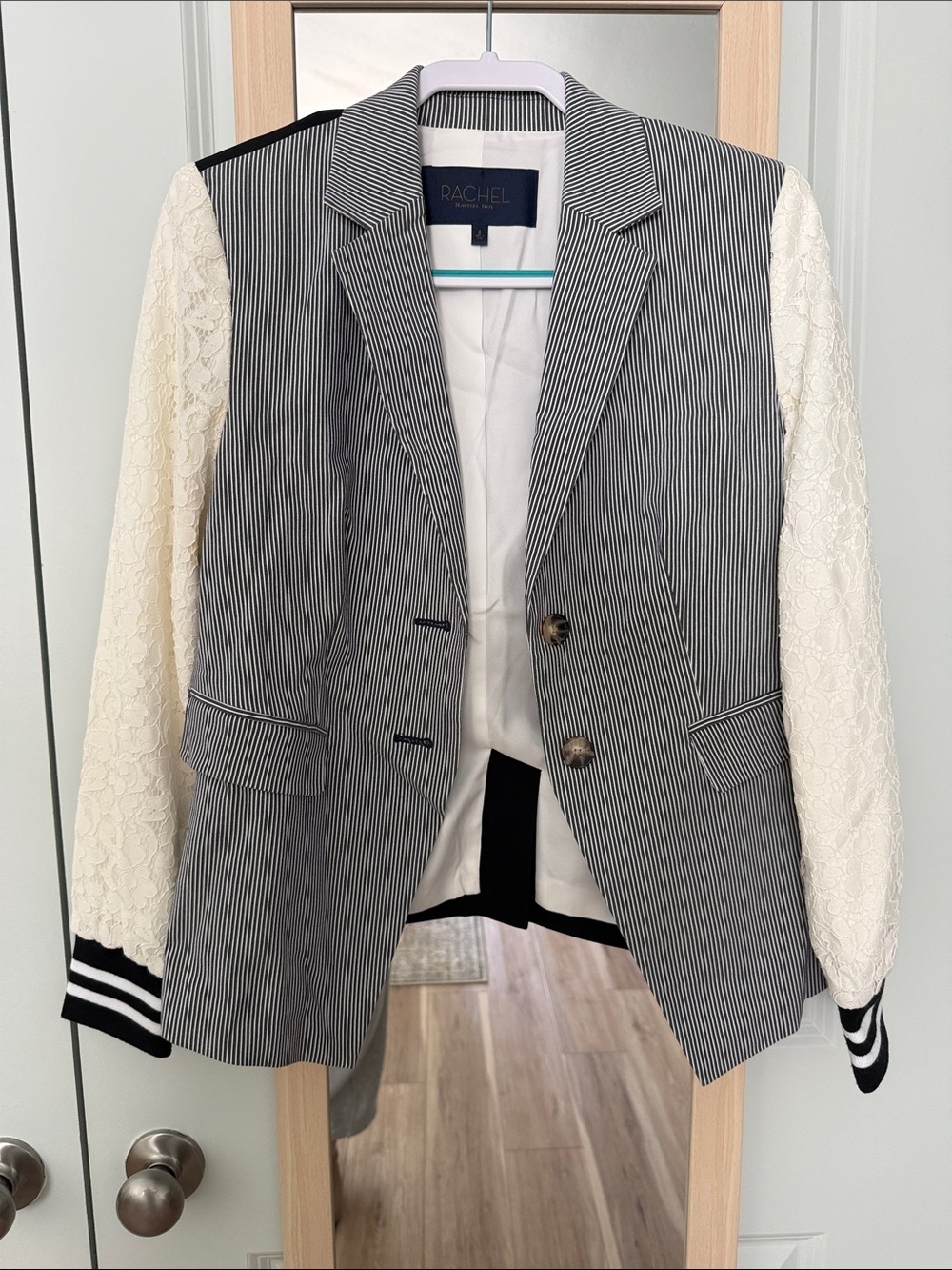 RACHEL Rachel Roy Black Pinstripe Blazer with Cream Lace Sleeves